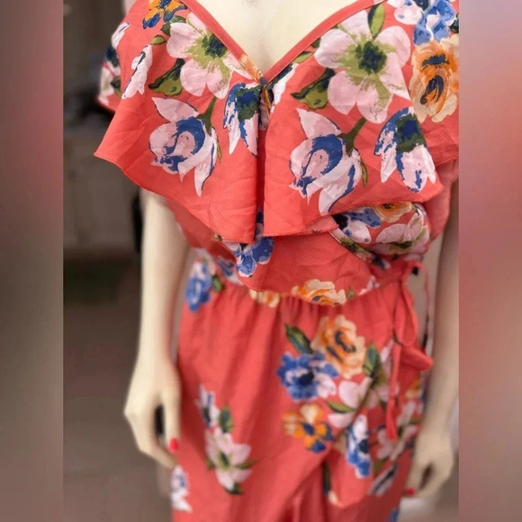HINT OF BLUSH CORAL FLORAL PRINT OFF THE SHOULDER FAUX WRAP RUFFLE MAXI DRESS L - Picture 11 of 16